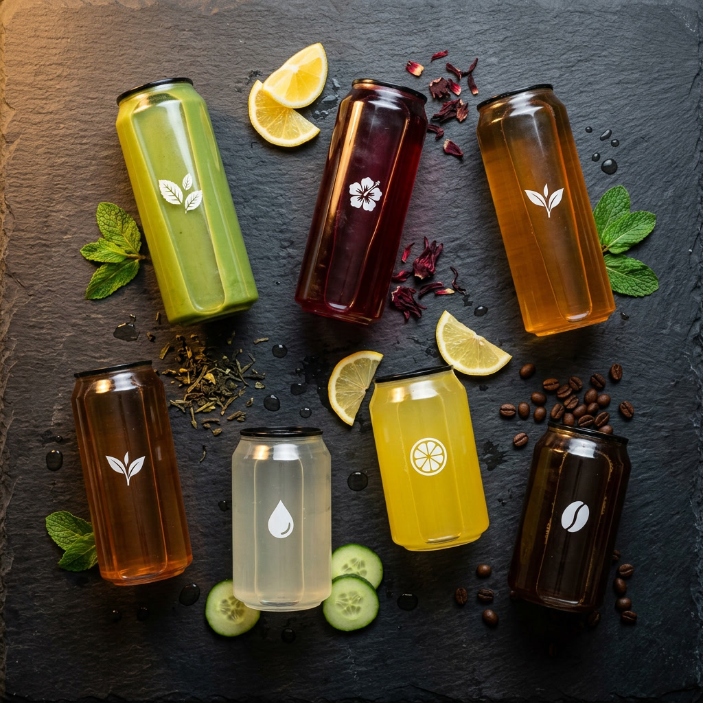 Six crafted beverage cans in clear plastic with fresh ingredients on a dark slate surface